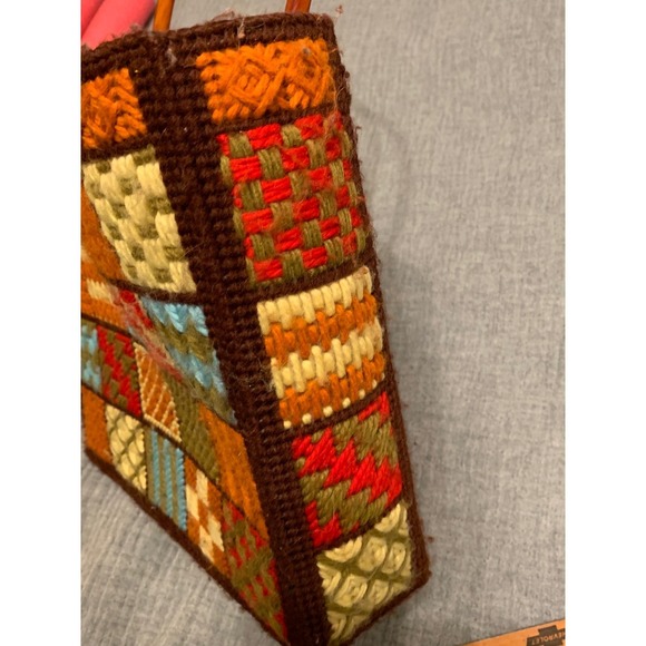 Handmade Patchwork knit Tote Bag purse Tortoise Shell Handles Vintage Unique - Picture 3 of 9